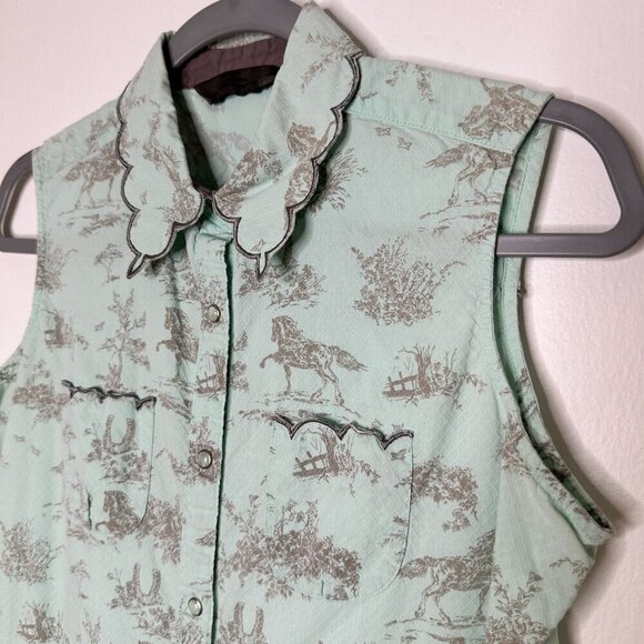 Aura equine western print scallop collar sleeveless pearl snaps Top Size M - Picture 2 of 6